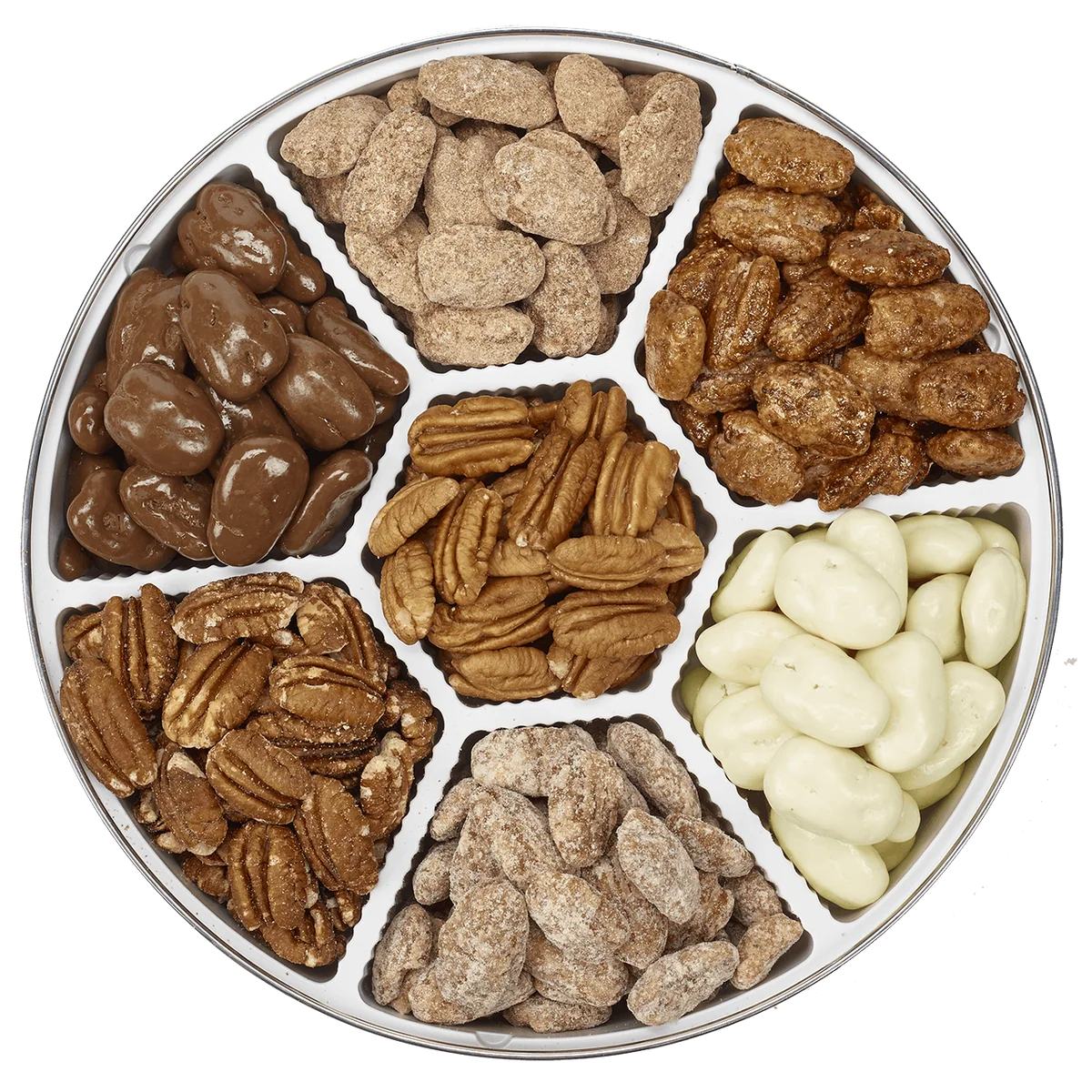 Spectacular Seven Tin - Chocolate Amaretto Pecans, White Chocolate Pecans, Praline Pecans, Honey Toasted Pecans, Cinnamon Spiced Pecans, Roasted Salted Pecans and Fancy Mammoth Pecan Halves. 