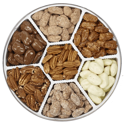 Spectacular Seven Tin - Chocolate Amaretto Pecans, White Chocolate Pecans, Praline Pecans, Honey Toasted Pecans, Cinnamon Spiced Pecans, Roasted Salted Pecans and Fancy Mammoth Pecan Halves. 