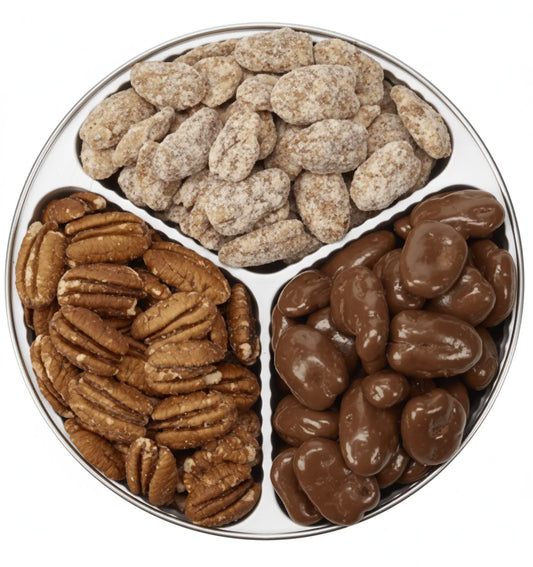 Sweet and Savory snack platter featuring spiced pecans, chocolate-covered almonds, and cinnamon sugar nuts.